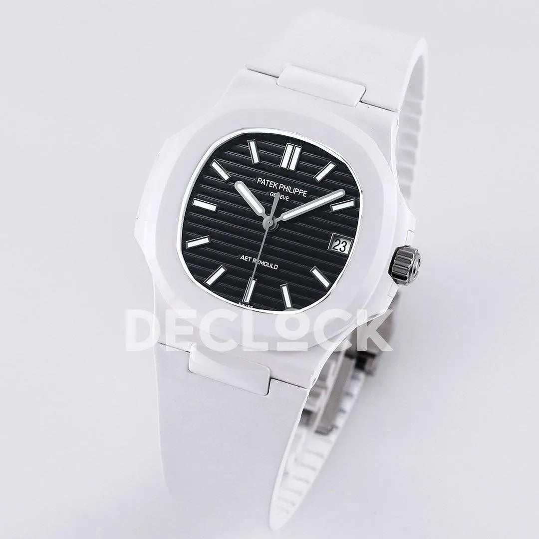 AET Nautilus 5711 White Ceramic AMGF Black Dial on White Rubber Strap