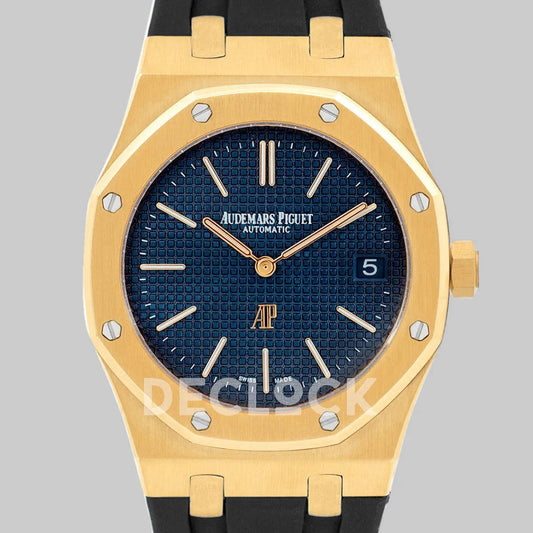 Replica Audemars Pigeut Royal Oak 15202 Gold Blue Dial on Black Rubber Strap - Replica Watches