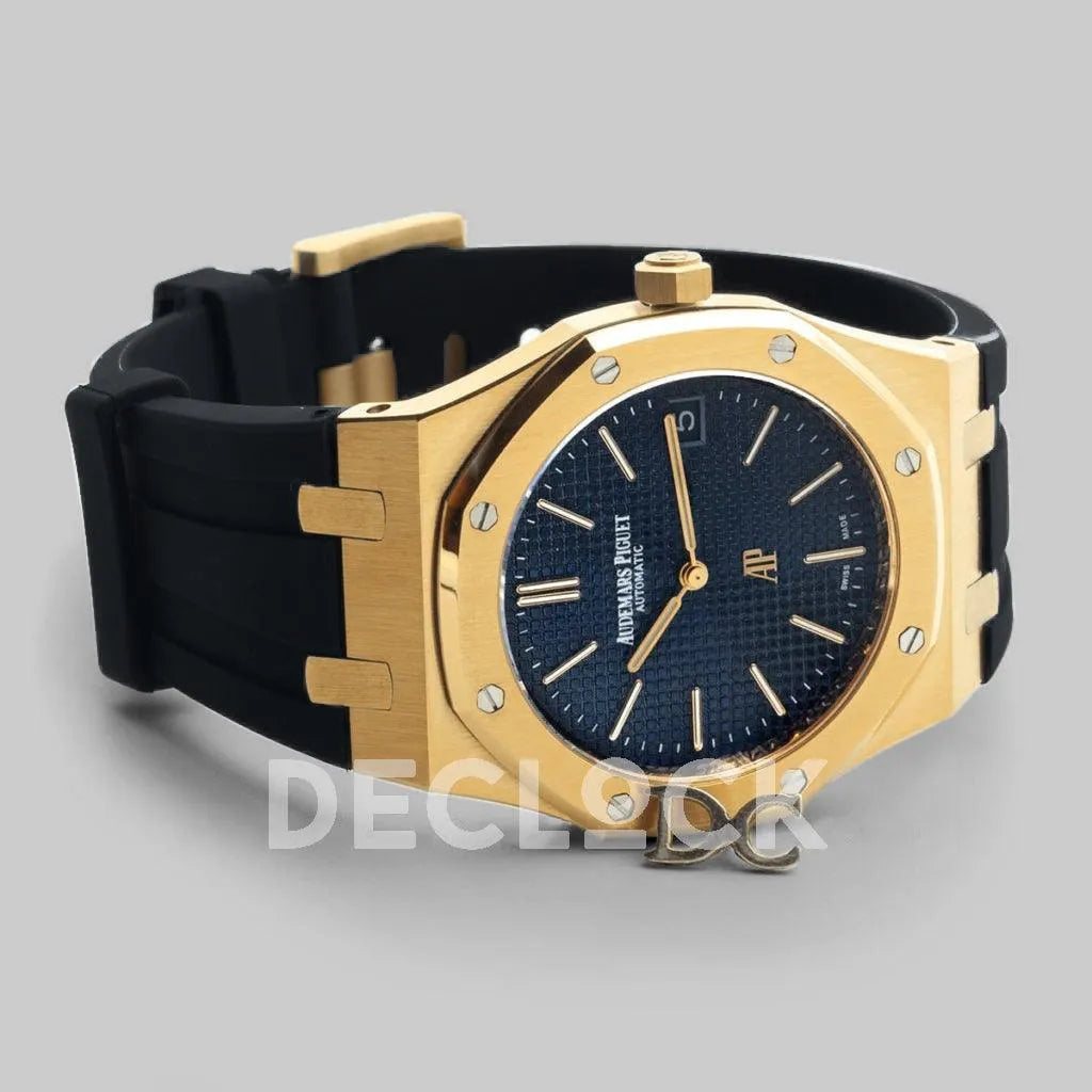 Replica Audemars Pigeut Royal Oak 15202 Gold Blue Dial on Black Rubber Strap - Replica Watches