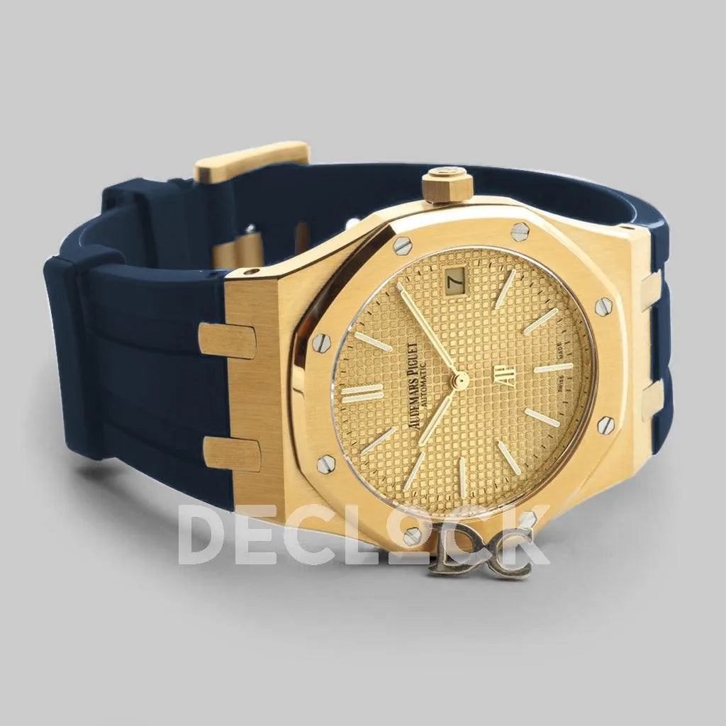 Replica Audemars Pigeut Royal Oak 15202 Gold Gold Dial on Blue Rubber Strap - Replica Watches