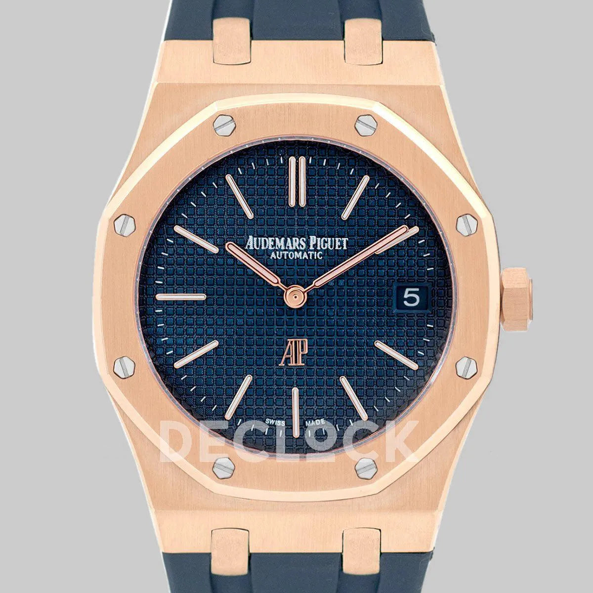 Replica Audemars Pigeut Royal Oak 15202 Rose Gold Blue Dial on Blue Rubber Strap - Replica Watches