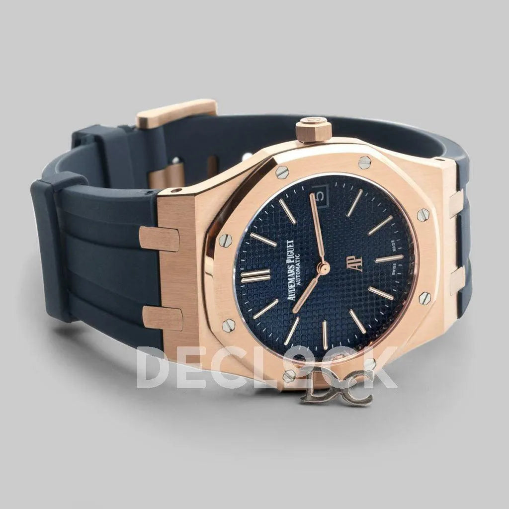 Replica Audemars Pigeut Royal Oak 15202 Rose Gold Blue Dial on Blue Rubber Strap - Replica Watches