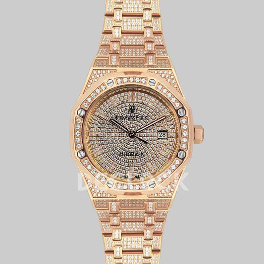 Replica Audemars Pigeut Royal Oak 41mm 15402OR Full Diamond Paved In Pink Gold on Bracelet - Replica Watches