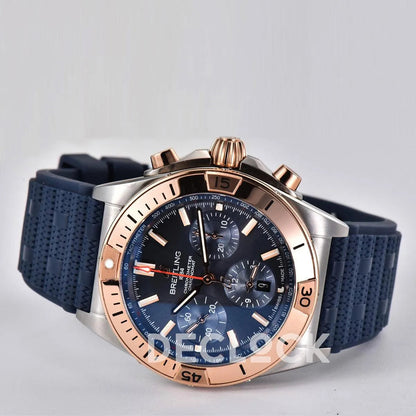 Replica Breitling Chronomat B01 Rose Gold/Steel in Blue Dial on Blue Rubber Strap - Replica Watches