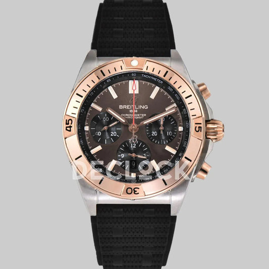 Replica Breitling Chronomat B01 Rose Gold/Steel in Brown Dial on Black Rubber Strap - Replica Watches