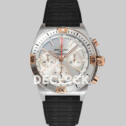 Replica Breitling Chronomat B01 Rose Gold/Steel in Silver Dial on Black Rubber Strap - Replica Watches