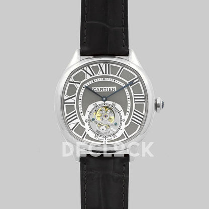 Replica Cartier Drive de Cartier Tourbillon Grey Dial in Steel on Black Leather Strap - Replica Watches