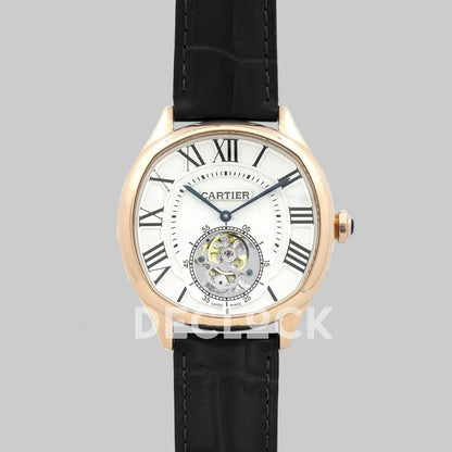 Replica Cartier Drive de Cartier Tourbillon White Dial in Rose Gold on Black Leather Strap - Replica Watches