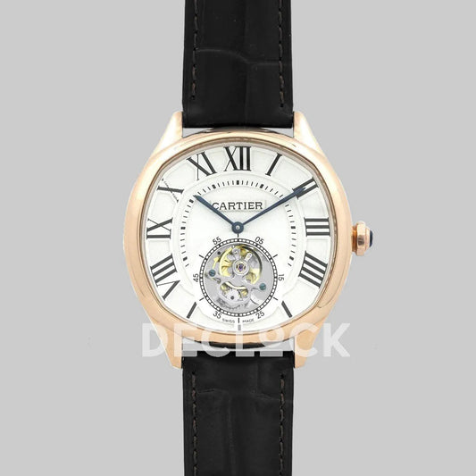 Replica Cartier Drive de Cartier Tourbillon White Dial in Rose Gold on Black Leather Strap - Replica Watches