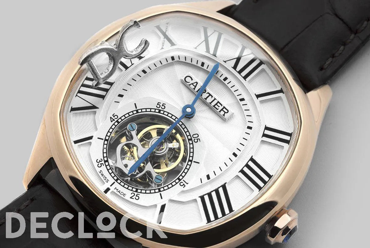 Replica Cartier Drive de Cartier Tourbillon White Dial in Rose Gold on Black Leather Strap - Replica Watches