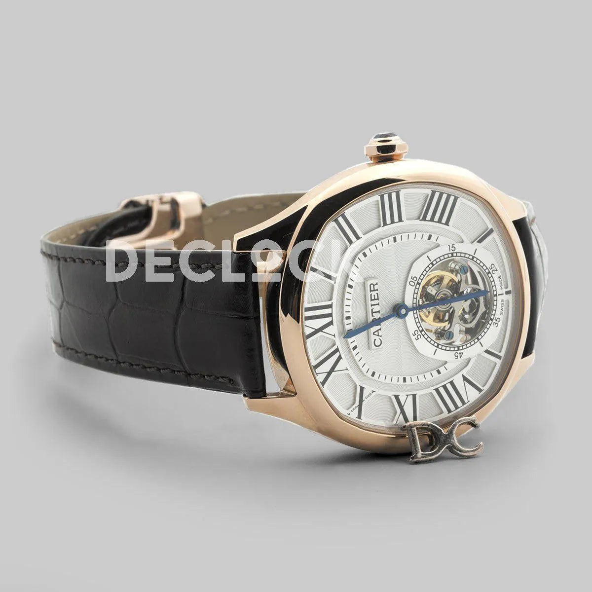 Replica Cartier Drive de Cartier Tourbillon White Dial in Rose Gold on Black Leather Strap - Replica Watches