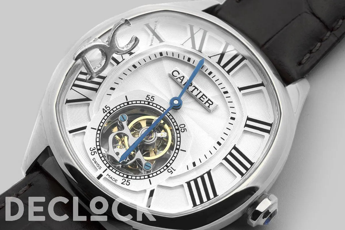 Replica Cartier Drive de Cartier Tourbillon White Dial in Steel on Black Leather Strap - Replica Watches