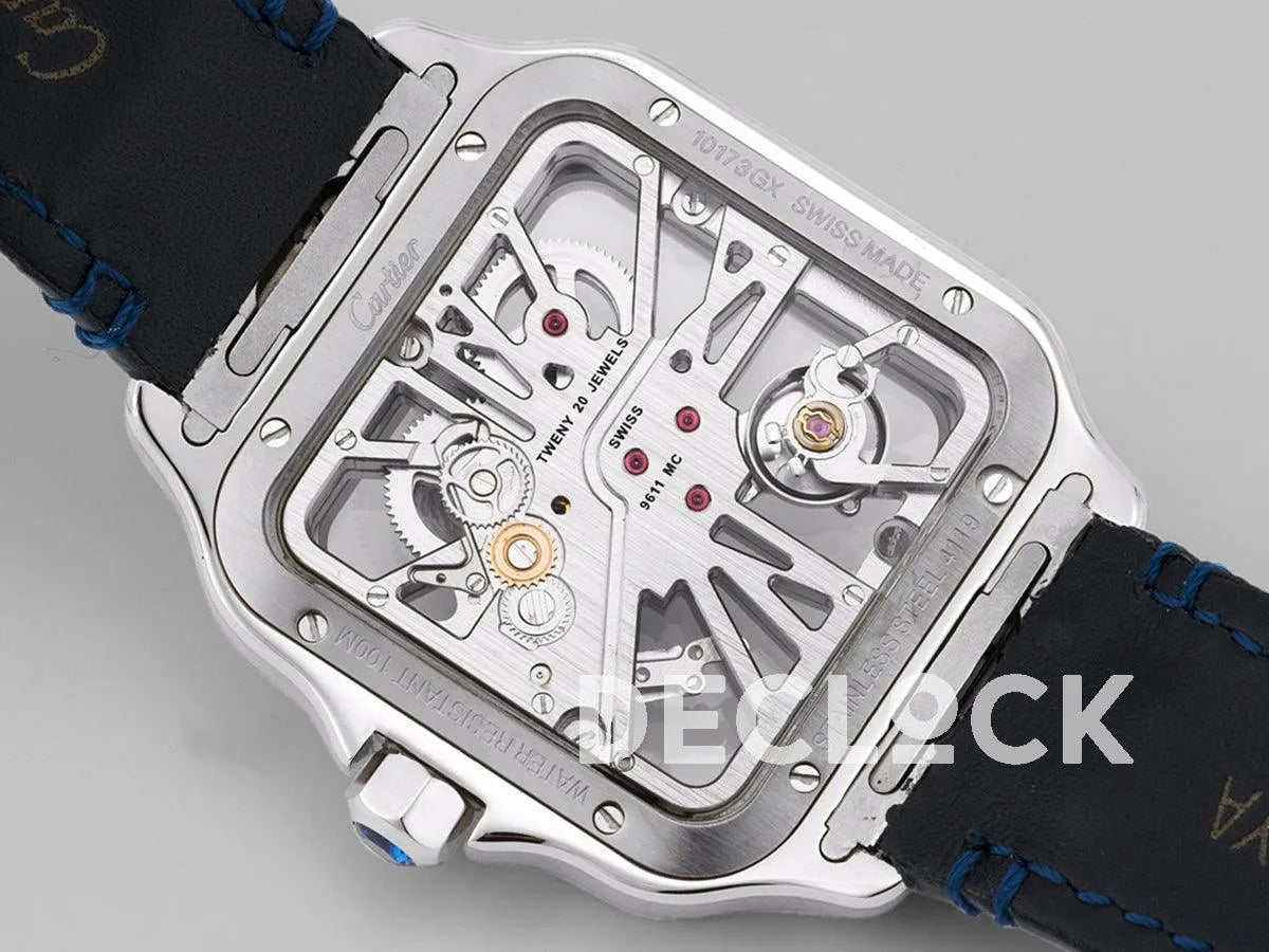 Replica Cartier Santos De Cartier Watch Skeleton Dial in Steel on Leather Strap - Replica Watches