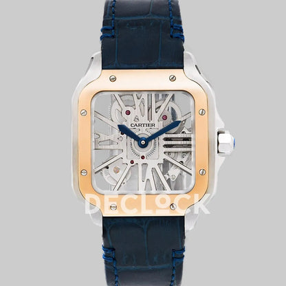 Replica Cartier Santos De Cartier Watch Skeleton Dial in Steel/Rose Gold on Leather Strap - Replica Watches