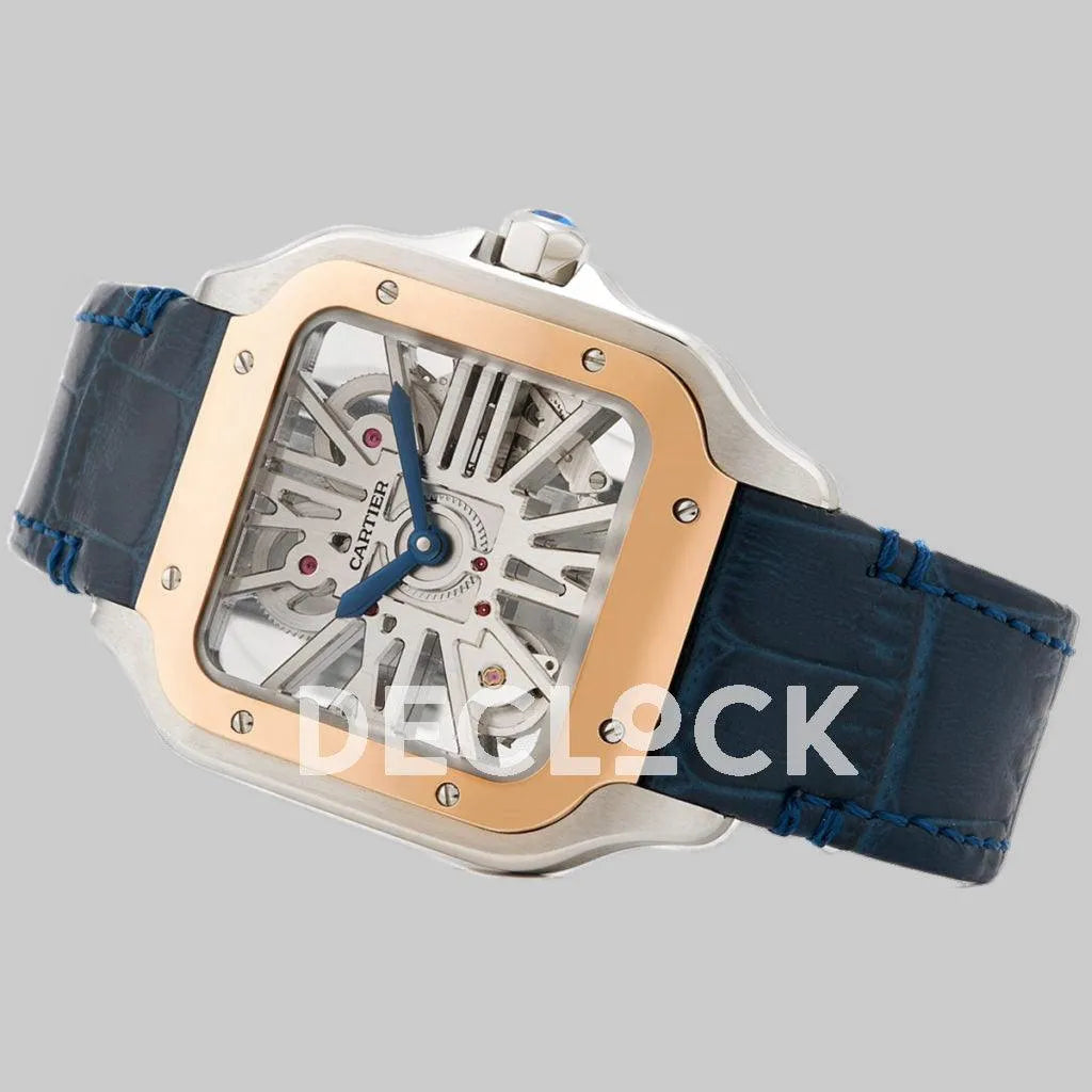 Replica Cartier Santos De Cartier Watch Skeleton Dial in Steel/Rose Gold on Leather Strap - Replica Watches