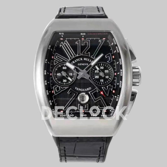 Replica Franck Muller Vanguard V45 Chronograph Black Dial with Black Marker in Steel on Leather Strap - Replica Watches