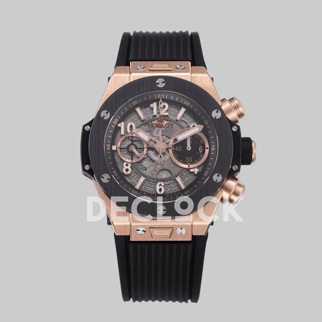 Replica Hublot Big Bang Unico Rose Gold Black Ceramic Bezel on Black Rubber Strap - Replica Watches