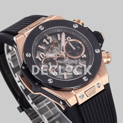 Replica Hublot Big Bang Unico Rose Gold Black Ceramic Bezel on Black Rubber Strap - Replica Watches