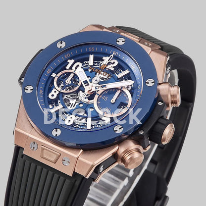 Replica Hublot Big Bang Unico Rose Gold Blue Ceramic Bezel on Black Rubber Strap - Replica Watches