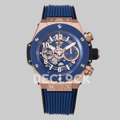 Replica Hublot Big Bang Unico Rose Gold Blue Ceramic Bezel on Blue Rubber Strap - Replica Watches