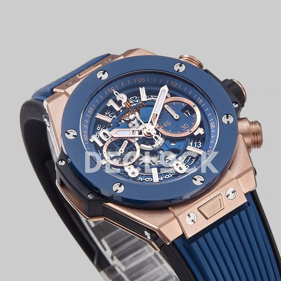 Replica Hublot Big Bang Unico Rose Gold Blue Ceramic Bezel on Blue Rubber Strap - Replica Watches