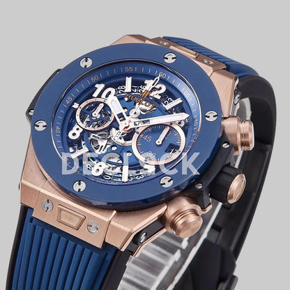 Replica Hublot Big Bang Unico Rose Gold Blue Ceramic Bezel on Blue Rubber Strap - Replica Watches