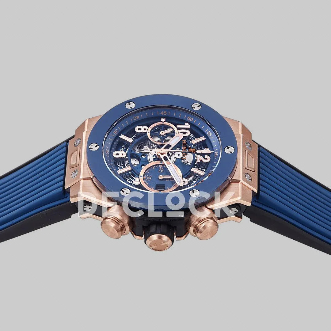 Replica Hublot Big Bang Unico Rose Gold Blue Ceramic Bezel on Blue Rubber Strap - Replica Watches