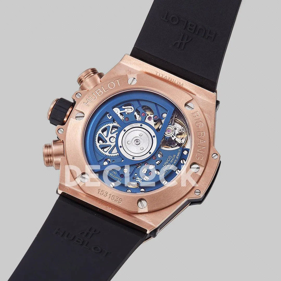 Replica Hublot Big Bang Unico Rose Gold Blue Ceramic Bezel on Blue Rubber Strap - Replica Watches