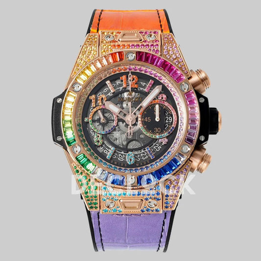 Replica Hublot Big Bang Unico Rose Gold Rainbow King Rainbow Gummy Strap - Replica Watches