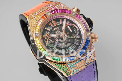 Replica Hublot Big Bang Unico Rose Gold Rainbow King Rainbow Gummy Strap - Replica Watches