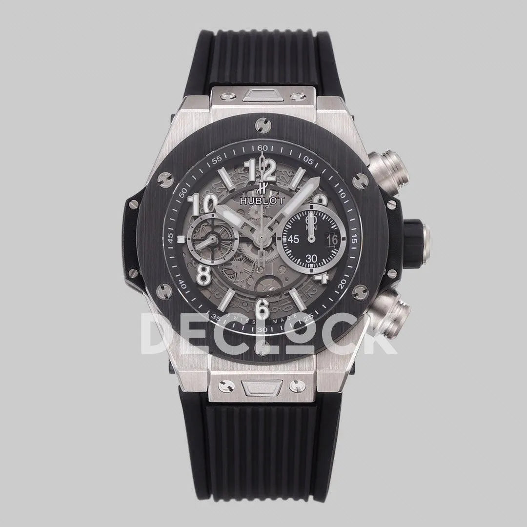 Replica Hublot Big Bang Unico Steel Black Ceramic Bezel on Black Rubber Strap - Replica Watches