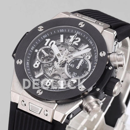 Replica Hublot Big Bang Unico Steel Black Ceramic Bezel on Black Rubber Strap - Replica Watches