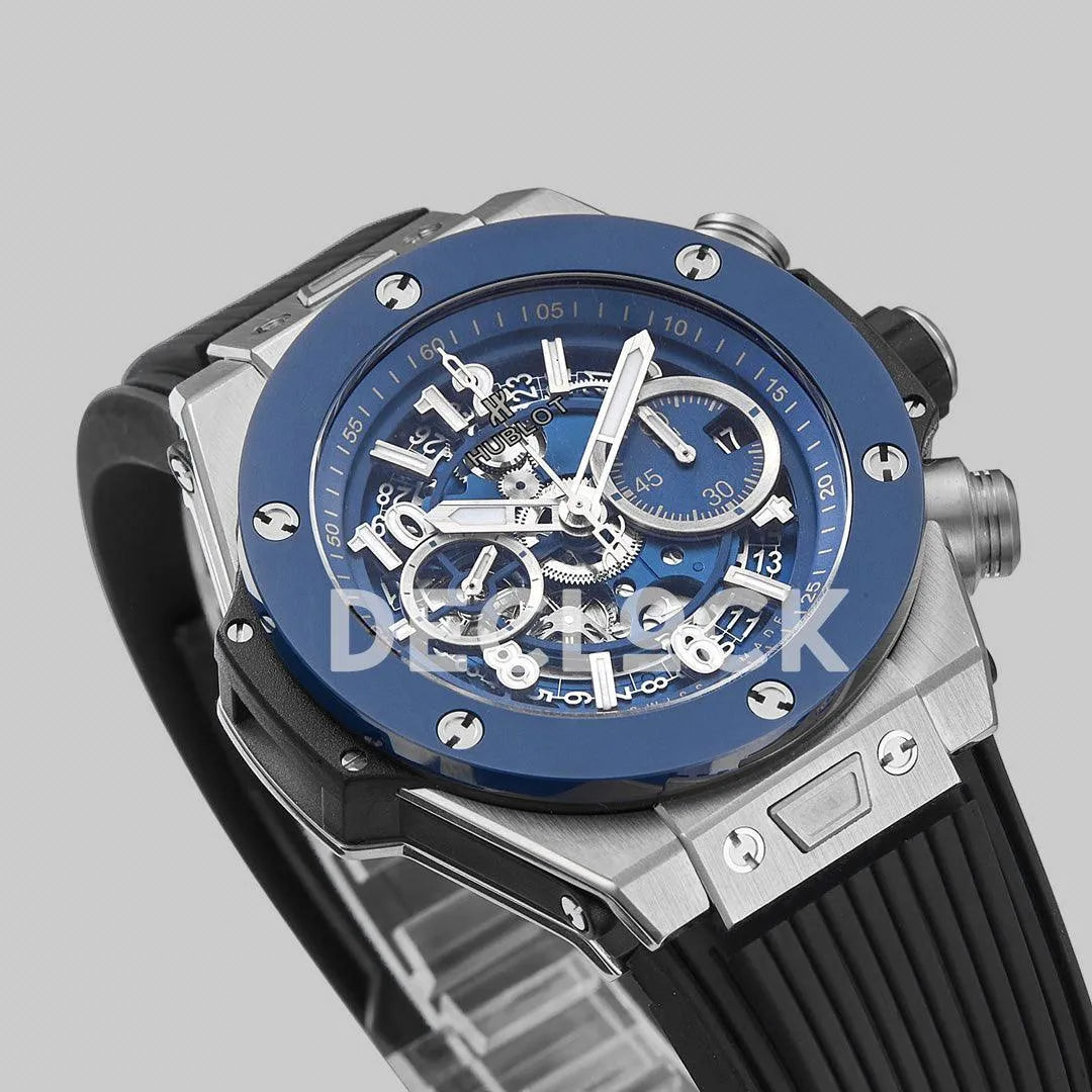 Replica Hublot Big Bang Unico Steel Blue Ceramic Bezel on Black Rubber Strap - Replica Watches