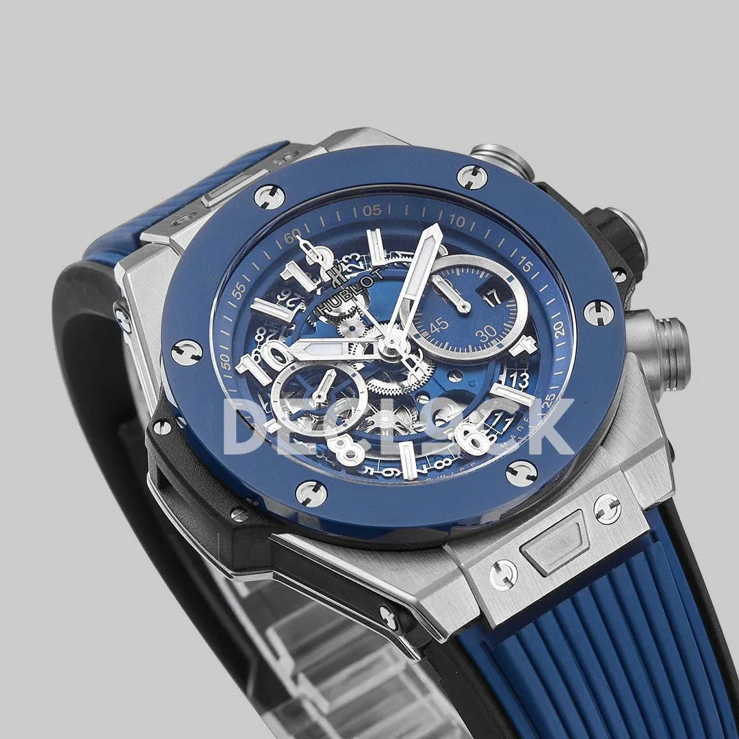 Replica Hublot Big Bang Unico Steel Blue Ceramic Bezel on Blue Rubber Strap - Replica Watches