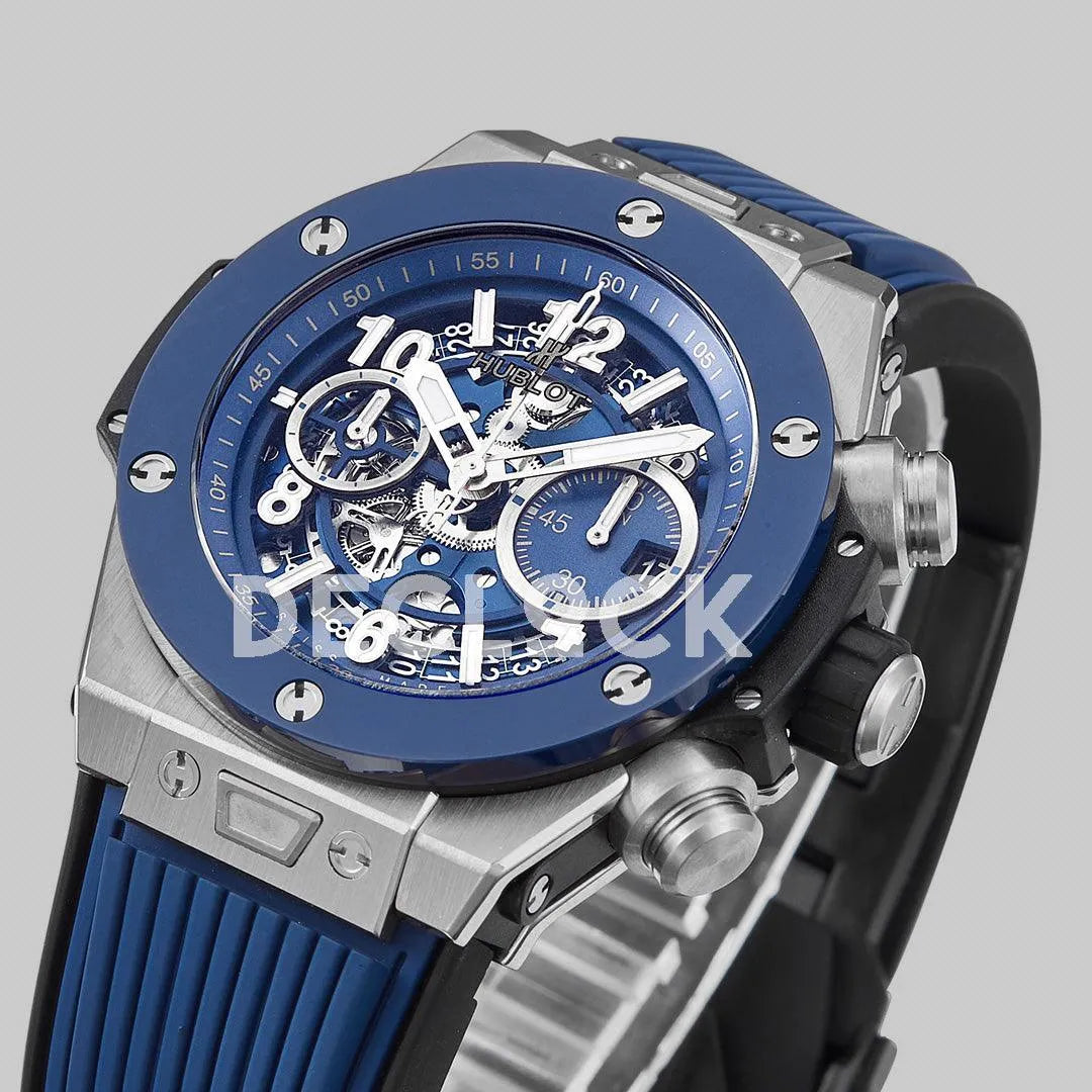 Replica Hublot Big Bang Unico Steel Blue Ceramic Bezel on Blue Rubber Strap - Replica Watches