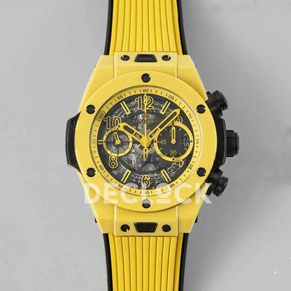 Replica Hublot Big Bang Unico Yellow Magic Ceramic Skeleton Dial on Blue Rubber Strap - Replica Watches