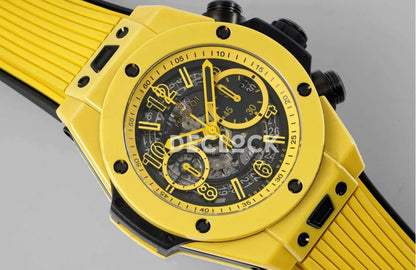 Replica Hublot Big Bang Unico Yellow Magic Ceramic Skeleton Dial on Blue Rubber Strap - Replica Watches