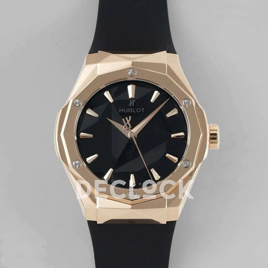 Replica Hublot Classic Fusion Orlinski Rose Gold in Black Faceted Dial on Black Rubber Strap - Replica Watches