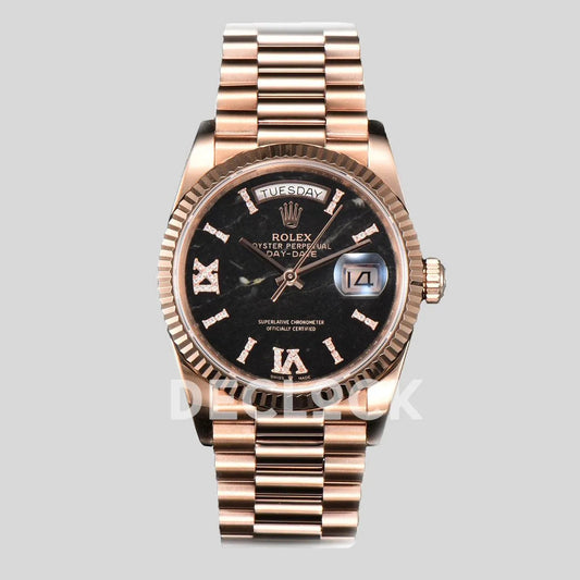 Replica Rolex Day-Date 36 128235 Eisenkiesel (Quartz Stone) Diamond Roman Dial in Everose Gold - Replica Watches