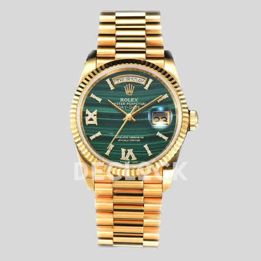 Replica Rolex Day-Date 36 128238 Malachite Diamond Roman Dial in Yellow Gold - Replica Watches