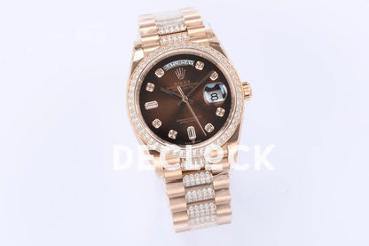 Replica Rolex Day-Date 36 128345RBR Brown Dial with Diamond Bezel in Everose Gold - Replica Watches