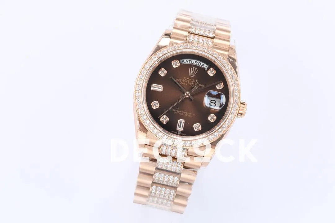 Replica Rolex Day-Date 36 128345RBR Brown Dial with Diamond Bezel in Everose Gold - Replica Watches