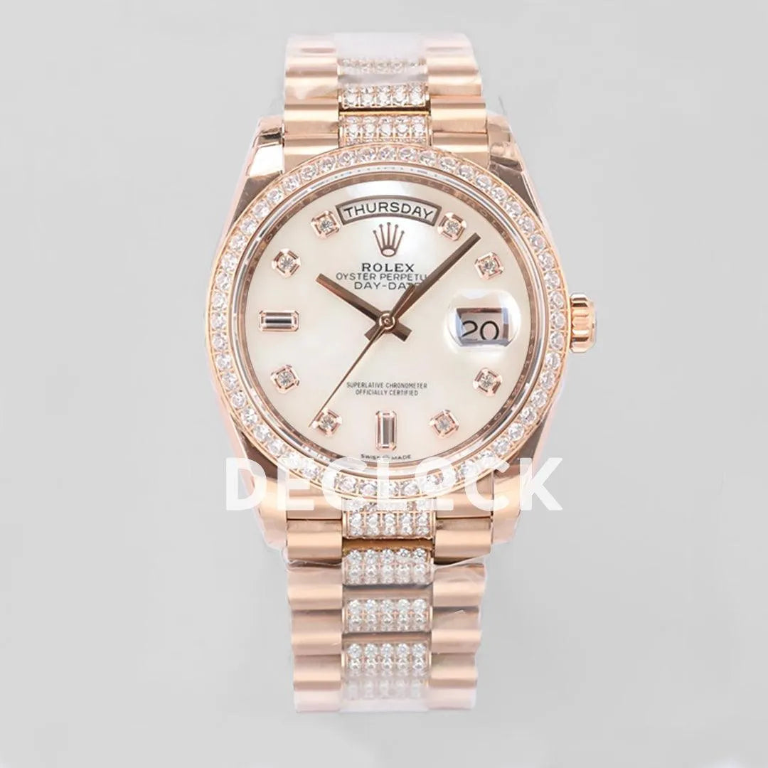 Replica Rolex Day-Date 36 128345RBR MOP Dial with Diamond Bezel in Everose Gold - Replica Watches