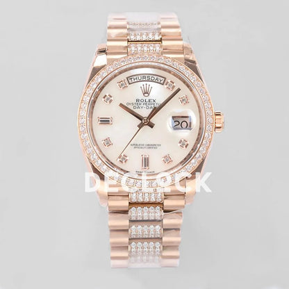 Replica Rolex Day-Date 36 128345RBR MOP Dial with Diamond Bezel in Everose Gold - Replica Watches