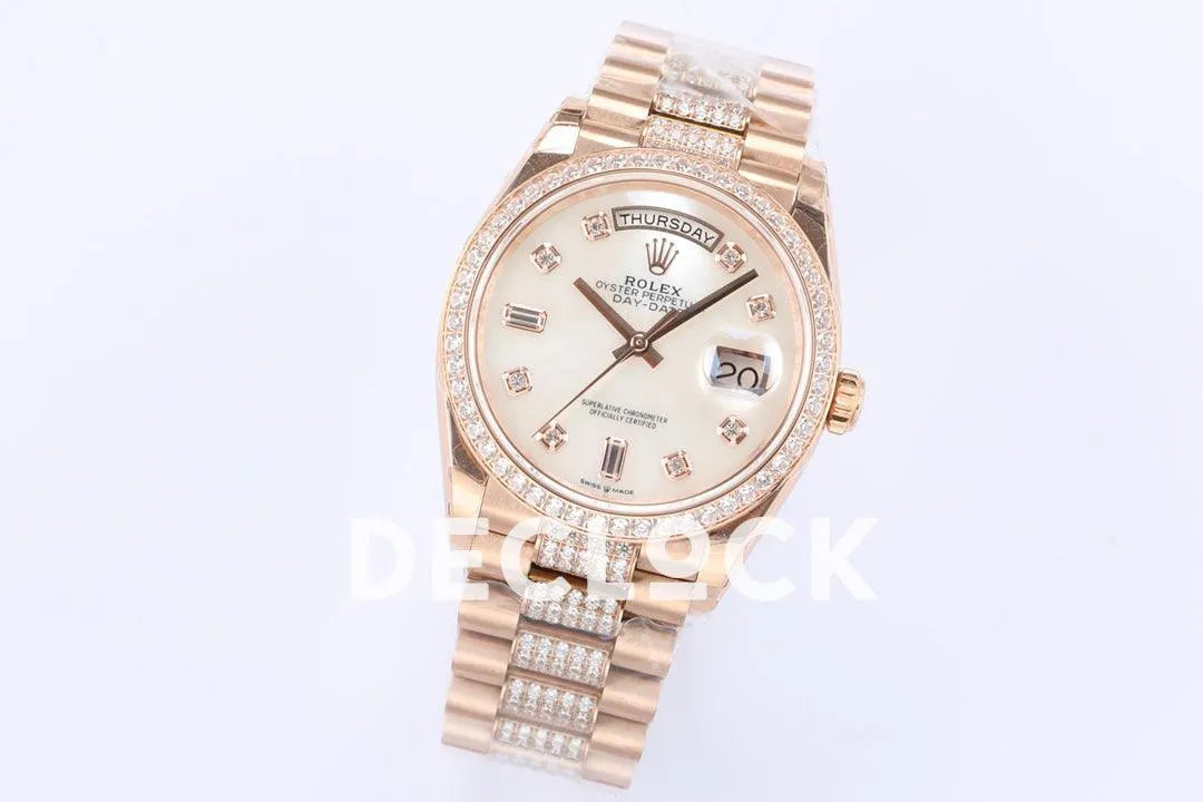 Replica Rolex Day-Date 36 128345RBR MOP Dial with Diamond Bezel in Everose Gold - Replica Watches