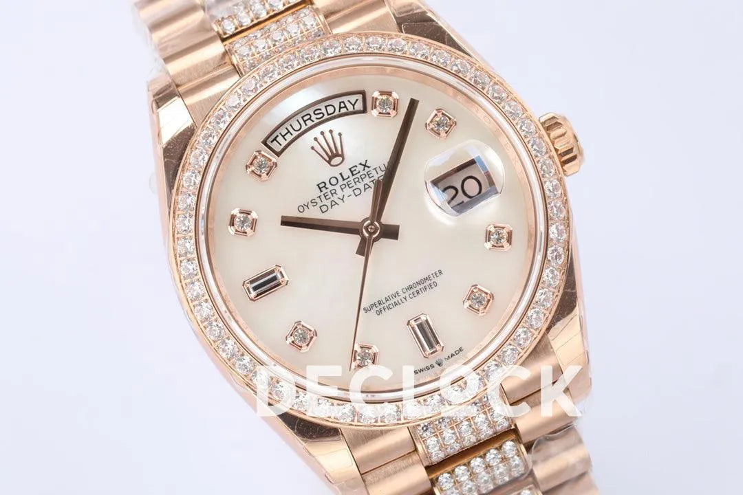 Replica Rolex Day-Date 36 128345RBR MOP Dial with Diamond Bezel in Everose Gold - Replica Watches