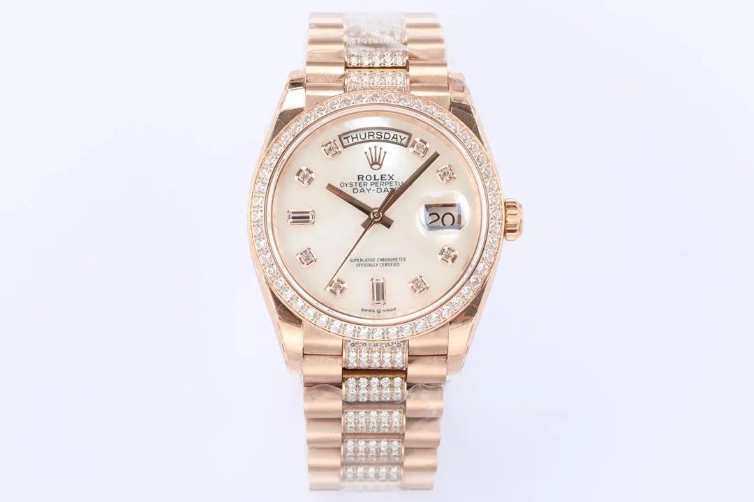 Replica Rolex Day-Date 36 128345RBR MOP Dial with Diamond Bezel in Everose Gold - Replica Watches