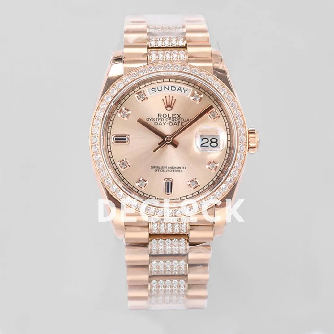 Replica Rolex Day-Date 36 128345RBR Rose Dial with Diamond Bezel in Everose Gold - Replica Watches