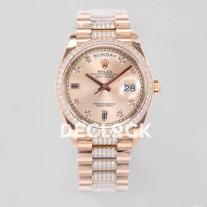 Replica Rolex Day-Date 36 128345RBR Rose Dial with Diamond Bezel in Everose Gold - Replica Watches