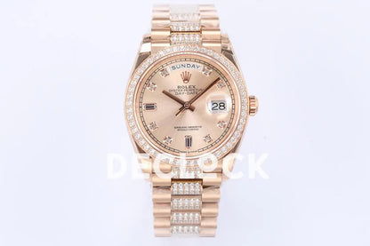 Replica Rolex Day-Date 36 128345RBR Rose Dial with Diamond Bezel in Everose Gold - Replica Watches